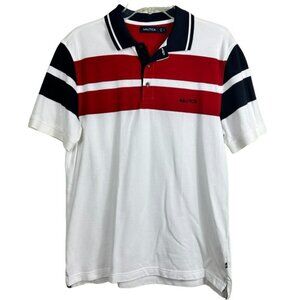 Nautica Polo Men's Shirt White With Red Lines And Blue Navy Size Large